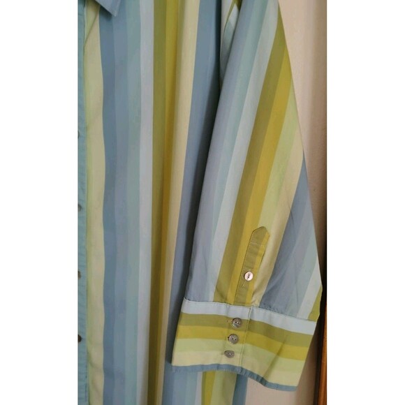 BillBlass Women's Blouse 2X Green/Blue Stripes Button Flare Button Sleeve Cotton - Picture 4 of 8